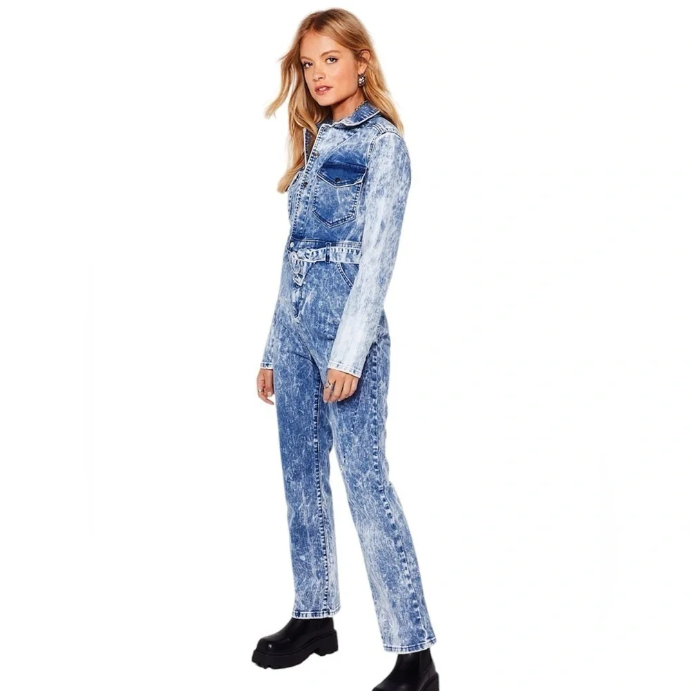 Nasty Gal Acid Wash Long Sleeve Denim Boilersuit Size 4 - Picture 4 of 9